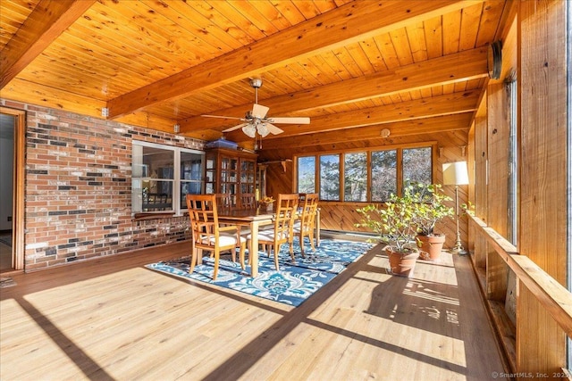 unfurnished dining area featuring hardwood / wood-style flooring, beam ceiling, brick wall, wooden ceiling, and wood walls