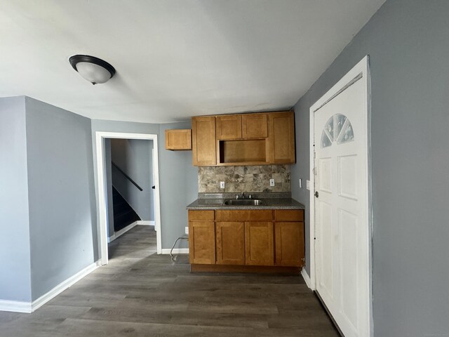 kitchen featuring tasteful backsplash, dark hardwood / wood-style flooring, and sink