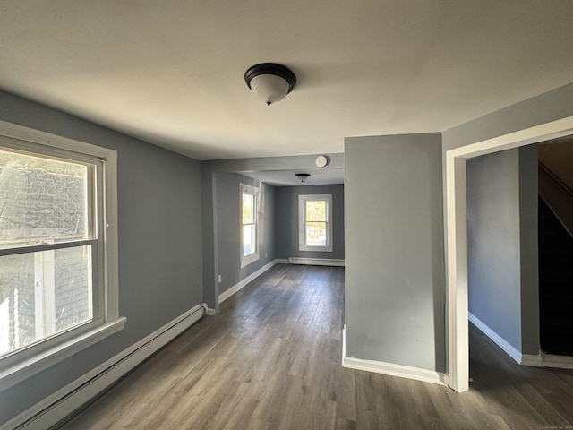 unfurnished room featuring wood-type flooring and a baseboard heating unit