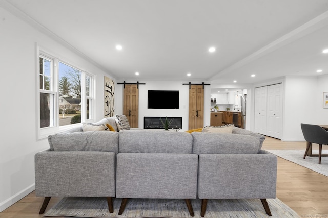 living room with light wood-type flooring, sink, a barn door, and crown molding