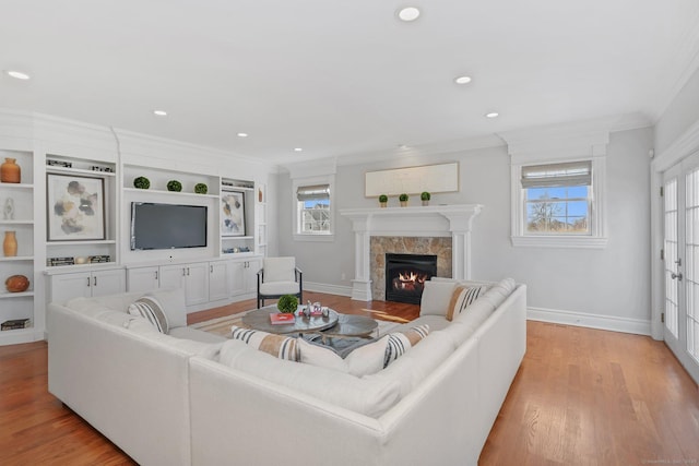 living room featuring light wood-style floors, ornamental molding, baseboards, and a premium fireplace