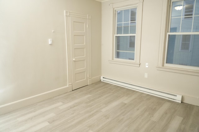 empty room featuring light hardwood / wood-style flooring and a baseboard radiator