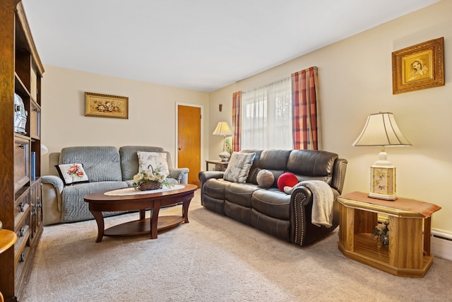 living room featuring light carpet