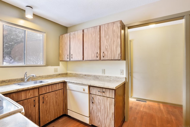 kitchen featuring sink, a textured ceiling, hardwood / wood-style floors, and dishwasher