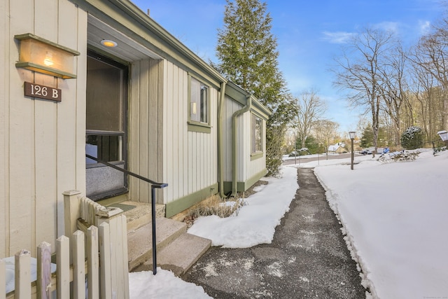 view of snow covered exterior