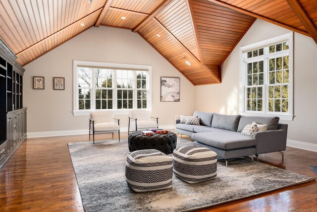 living room featuring lofted ceiling with beams, wood ceiling, baseboards, and wood finished floors