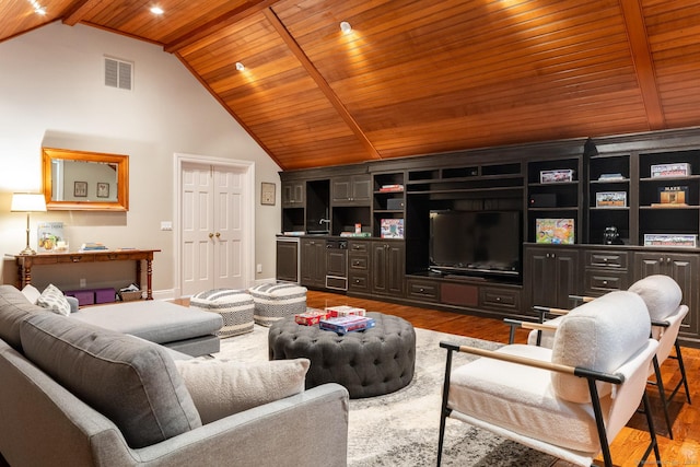 living area with visible vents, wood ceiling, wood finished floors, high vaulted ceiling, and beam ceiling