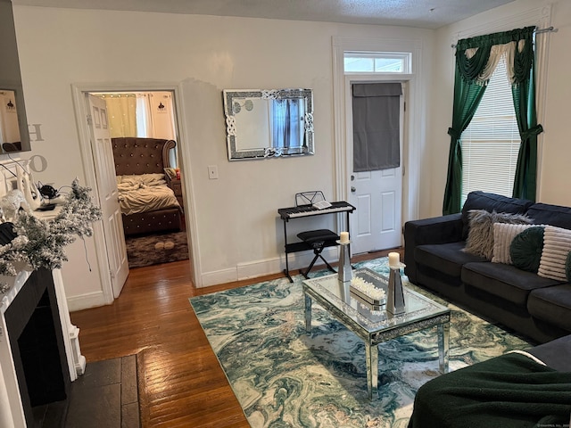 living area with dark wood-type flooring and baseboards