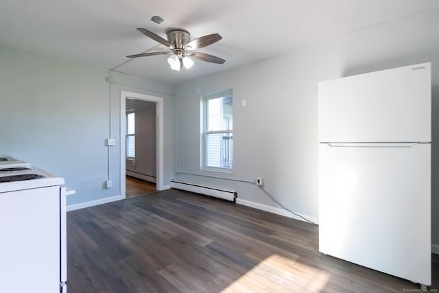 175 Main St, Winchester, CT 06098 - kitchen featuring white appliances, dark wood-type flooring, ceiling fan, and baseboard heating