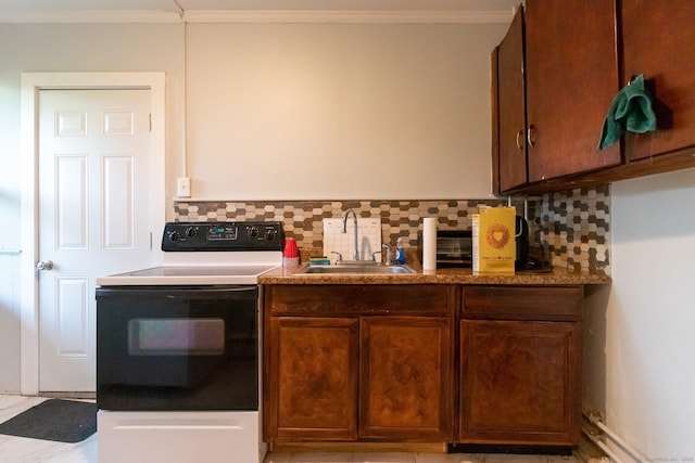 175 Main St, Winchester, CT 06098 - kitchen featuring range with electric cooktop, sink, ornamental molding, and decorative backsplash