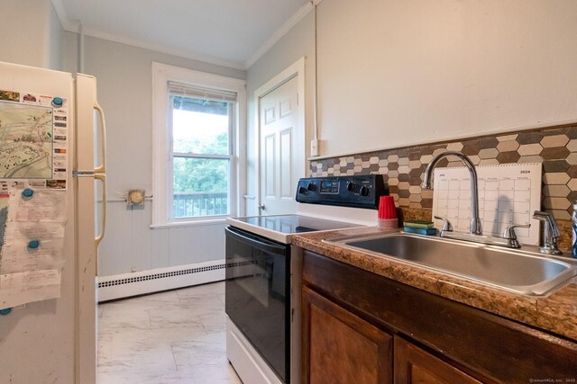 175 Main St, Winchester, CT 06098 - kitchen featuring electric stove, sink, crown molding, baseboard heating, and white fridge