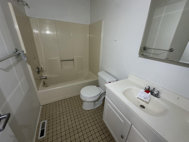 full bathroom with vanity,  shower combination, tile patterned floors, and toilet