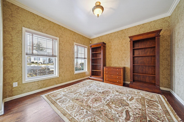 unfurnished office featuring crown molding and dark hardwood / wood-style floors