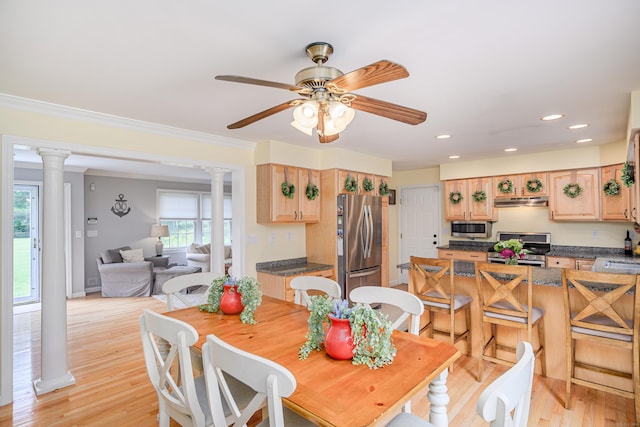 48 Bear Mountain Rd, Danbury, CT 06811 - dining space with decorative columns, ornamental molding, light wood-style flooring, a ceiling fan, and recessed lighting