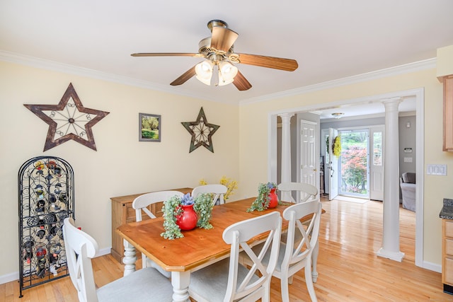 48 Bear Mountain Rd, Danbury, CT 06811 - dining room featuring decorative columns, ornamental molding, light wood-type flooring, and ceiling fan