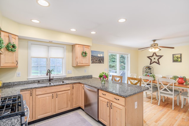 48 Bear Mountain Rd, Danbury, CT 06811 - kitchen featuring dishwasher, light brown cabinetry, a peninsula, gas stove, and recessed lighting