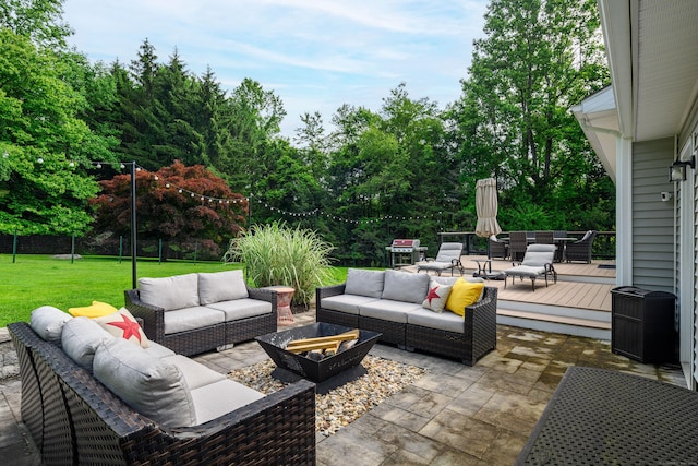 48 Bear Mountain Rd, Danbury, CT 06811 - view of patio featuring an outdoor hangout area, a wooden deck, outdoor dining space, area for grilling, and view of scattered trees