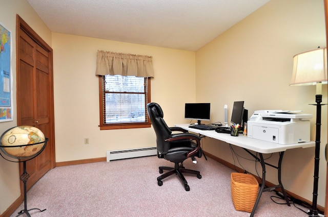 home office featuring a baseboard radiator and light carpet