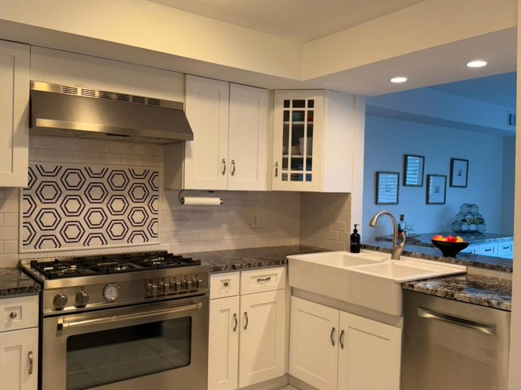 kitchen with white cabinetry, extractor fan, sink, and appliances with stainless steel finishes