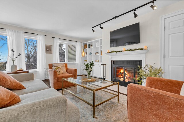 living room featuring track lighting