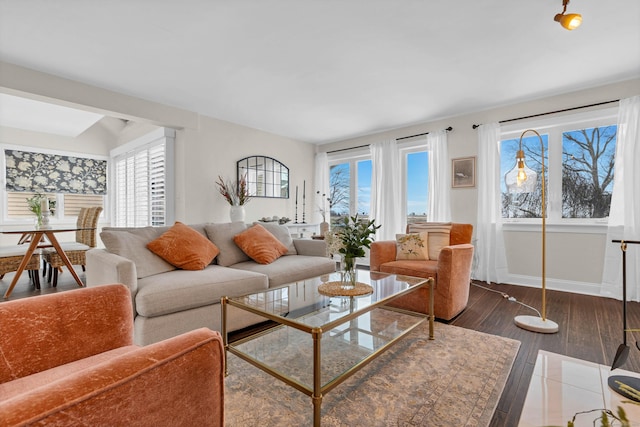 living room with dark hardwood / wood-style floors