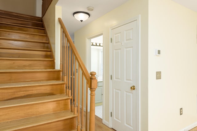 stairway featuring wood-type flooring