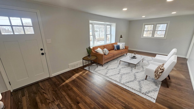 living room with dark wood-type flooring