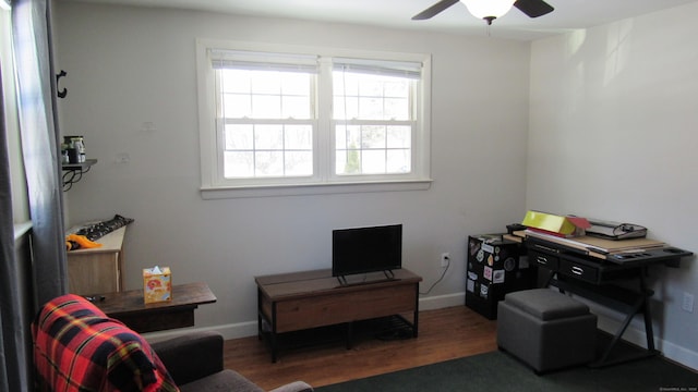 sitting room featuring dark hardwood / wood-style floors and ceiling fan