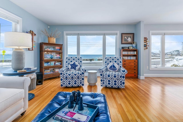 living room featuring a wealth of natural light, a water view, and hardwood / wood-style floors