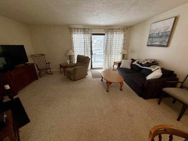 carpeted living room featuring a textured ceiling