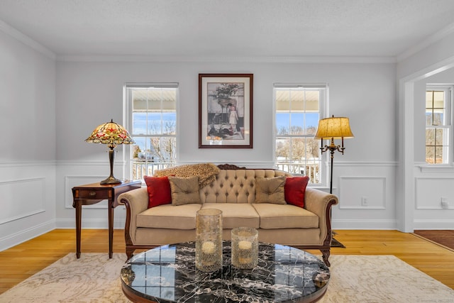 living room featuring a textured ceiling, wainscoting, wood finished floors, and crown molding