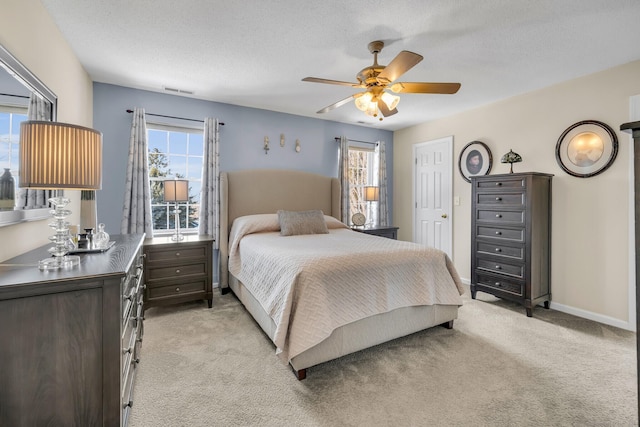 bedroom with baseboards, multiple windows, a textured ceiling, and light colored carpet