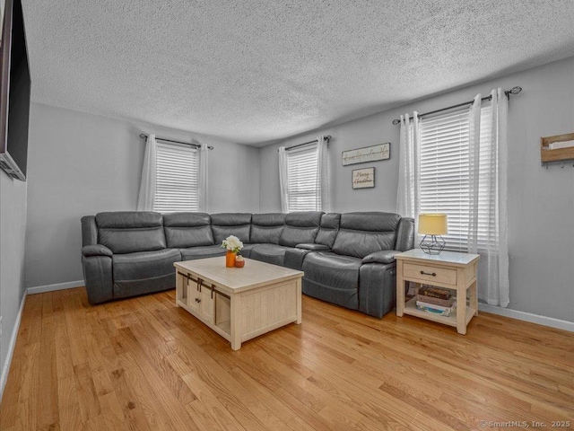 living room featuring light hardwood / wood-style floors and a textured ceiling