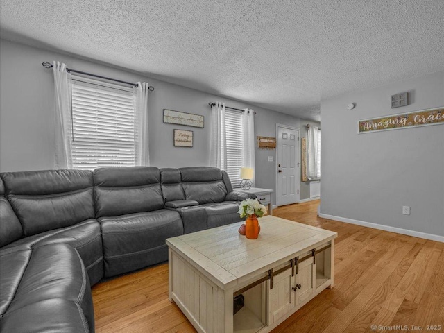 living room with a textured ceiling and light hardwood / wood-style flooring