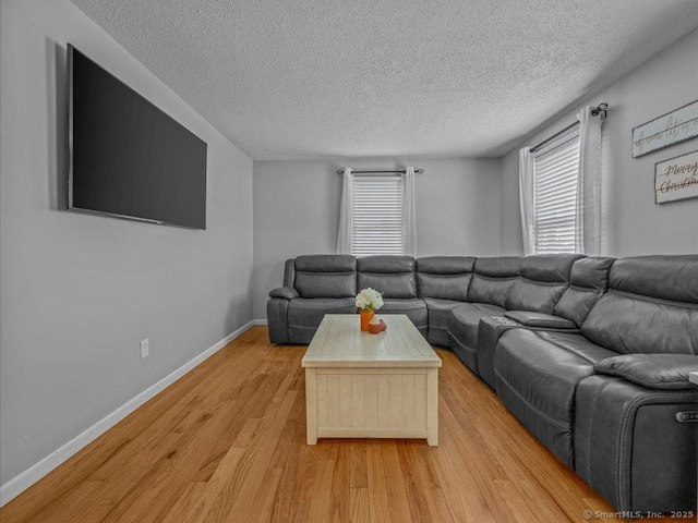 living room with light hardwood / wood-style flooring and a textured ceiling