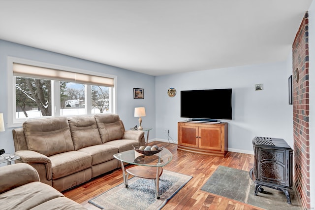 living room featuring a wood stove and light hardwood / wood-style flooring