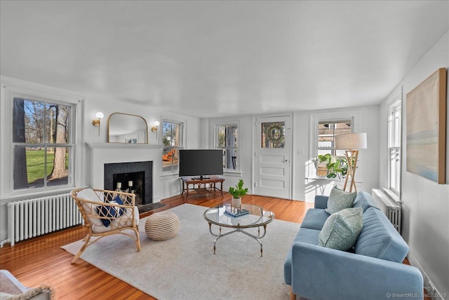 living area with radiator heating unit, wood finished floors, and a fireplace with flush hearth