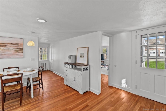 dining room featuring light wood-style flooring, radiator heating unit, baseboards, and a textured ceiling