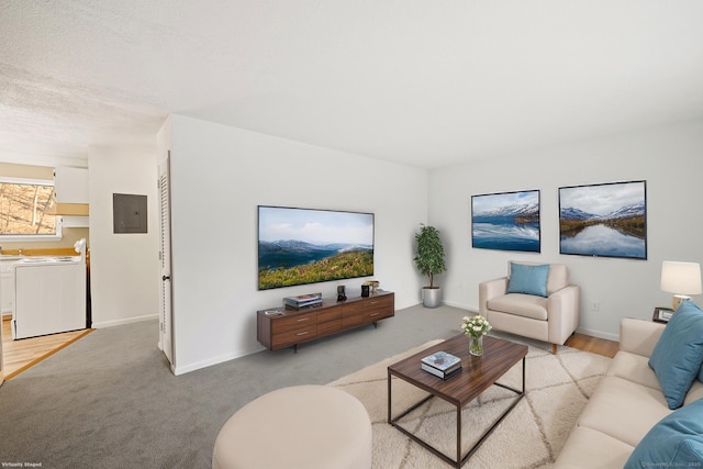 living room featuring electric panel and washer and clothes dryer