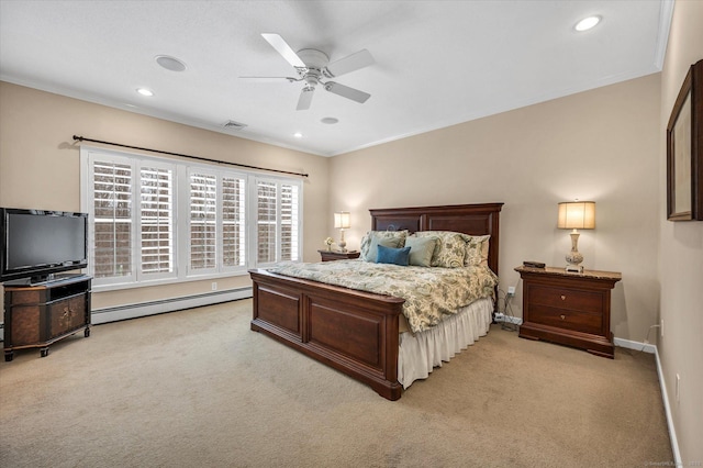 bedroom with light carpet, a baseboard heating unit, ornamental molding, and ceiling fan