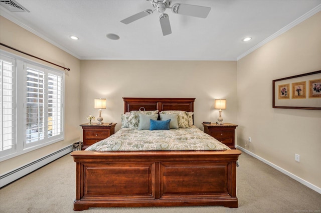 bedroom with light carpet, crown molding, a baseboard radiator, and ceiling fan