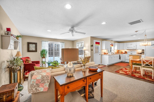 living room featuring sink, light hardwood / wood-style floors, a textured ceiling, and ceiling fan