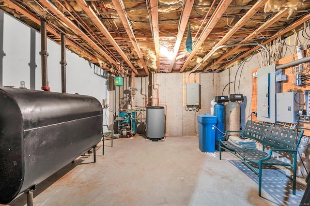 basement with electric panel and water heater