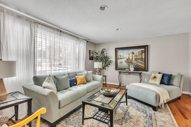 living room with light hardwood / wood-style floors and a textured ceiling