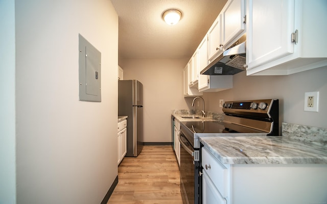 kitchen featuring sink, appliances with stainless steel finishes, electric panel, light stone counters, and white cabinets