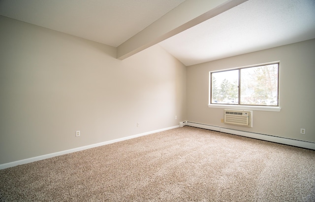 carpeted empty room featuring a baseboard radiator, an AC wall unit, and vaulted ceiling with beams