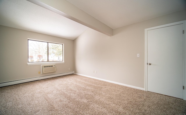 carpeted spare room with beamed ceiling, a baseboard heating unit, and a wall mounted air conditioner