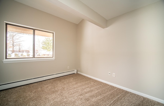 carpeted spare room featuring beamed ceiling and a baseboard heating unit