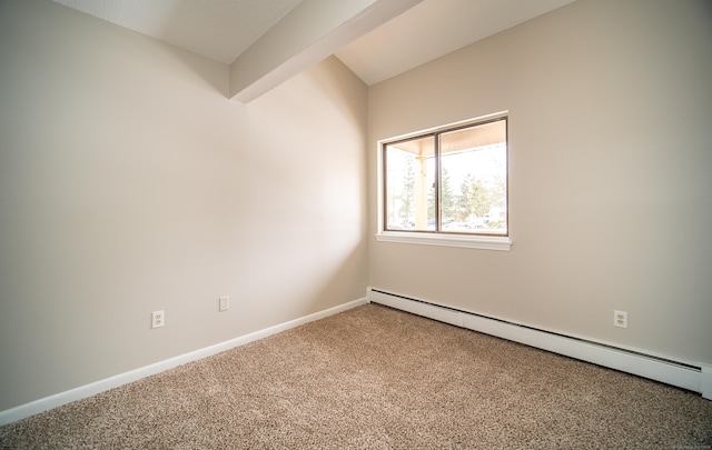 carpeted empty room with a baseboard radiator