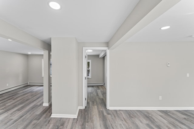 interior space with wood-type flooring and a baseboard heating unit